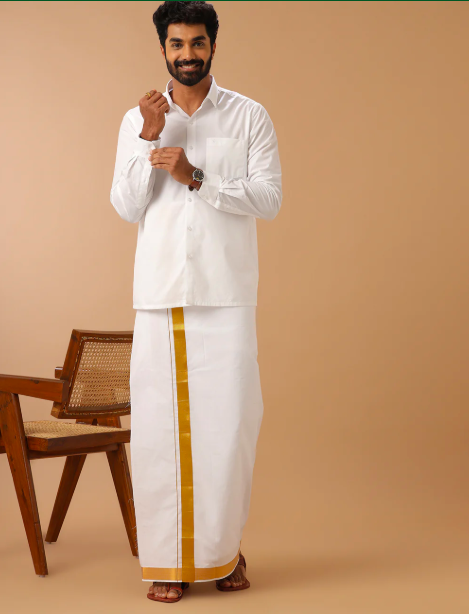 Men White with 1 1/2" Gold jari Border Single Layer Dhoti Aruthra